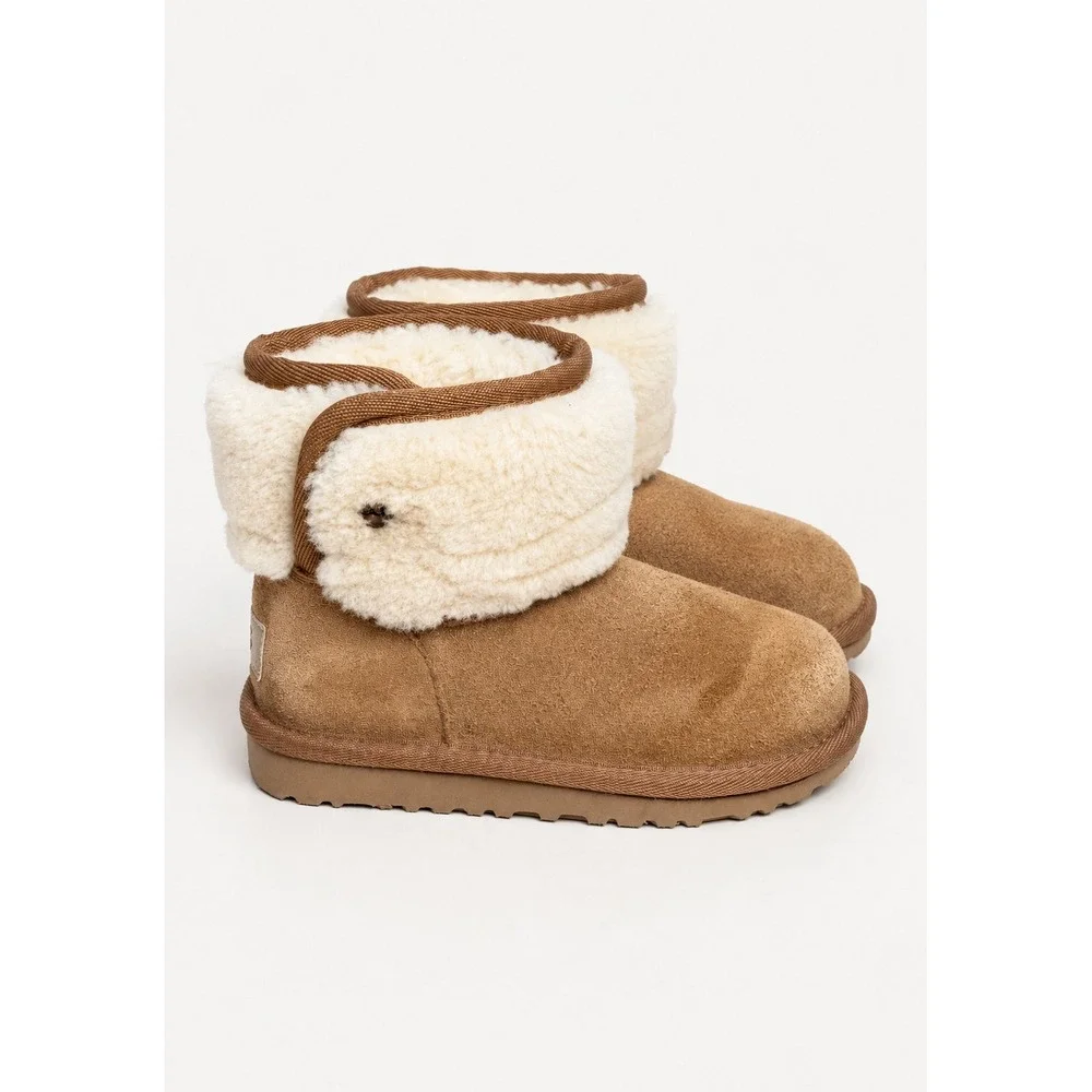 UGG Kids Classic Jona Luxury Boot Sz 11 Chestnut Suede Sheepskin Lined Fold Over